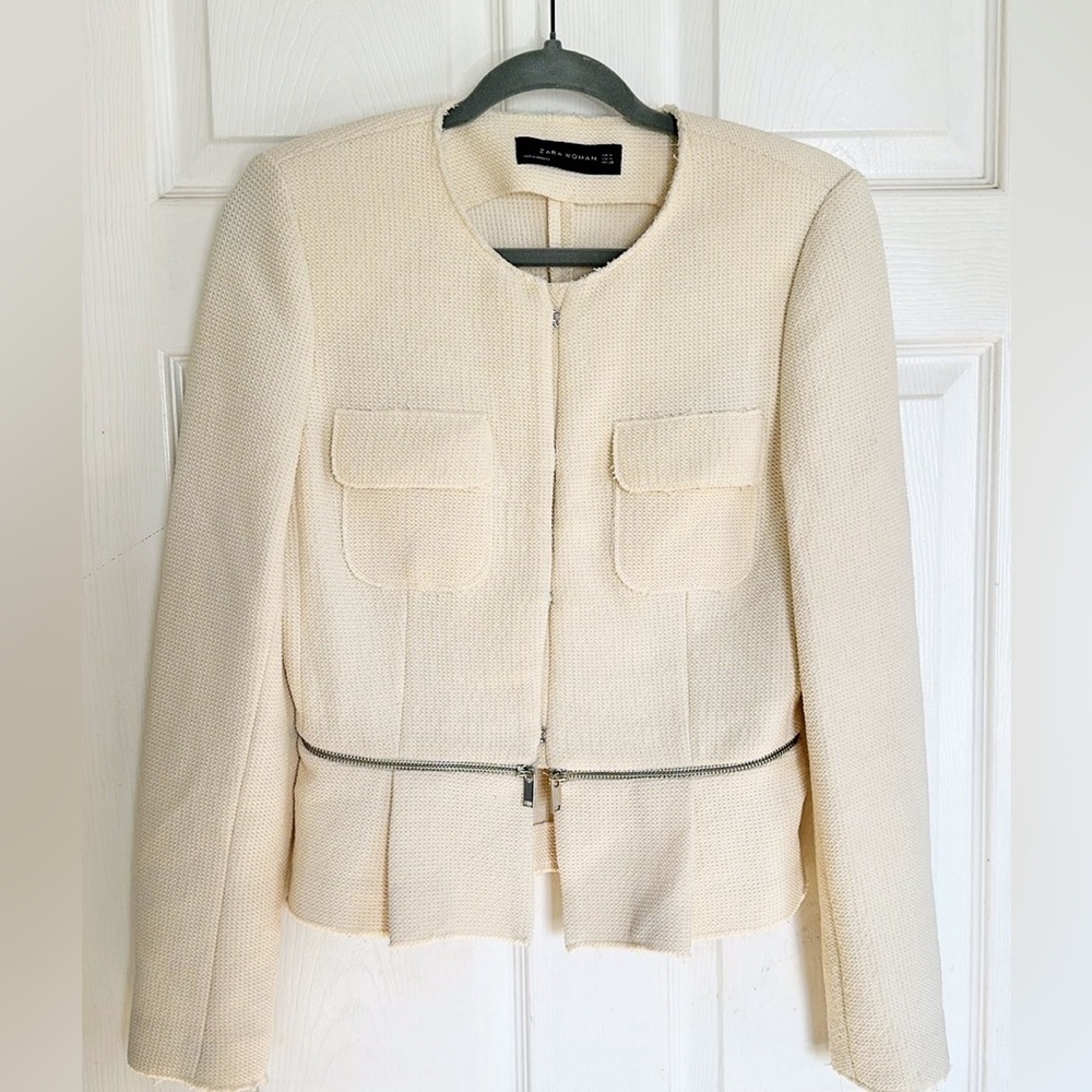 Zara jacket removable Woven Knit Peplum hem cream tweed  blazer size Medium